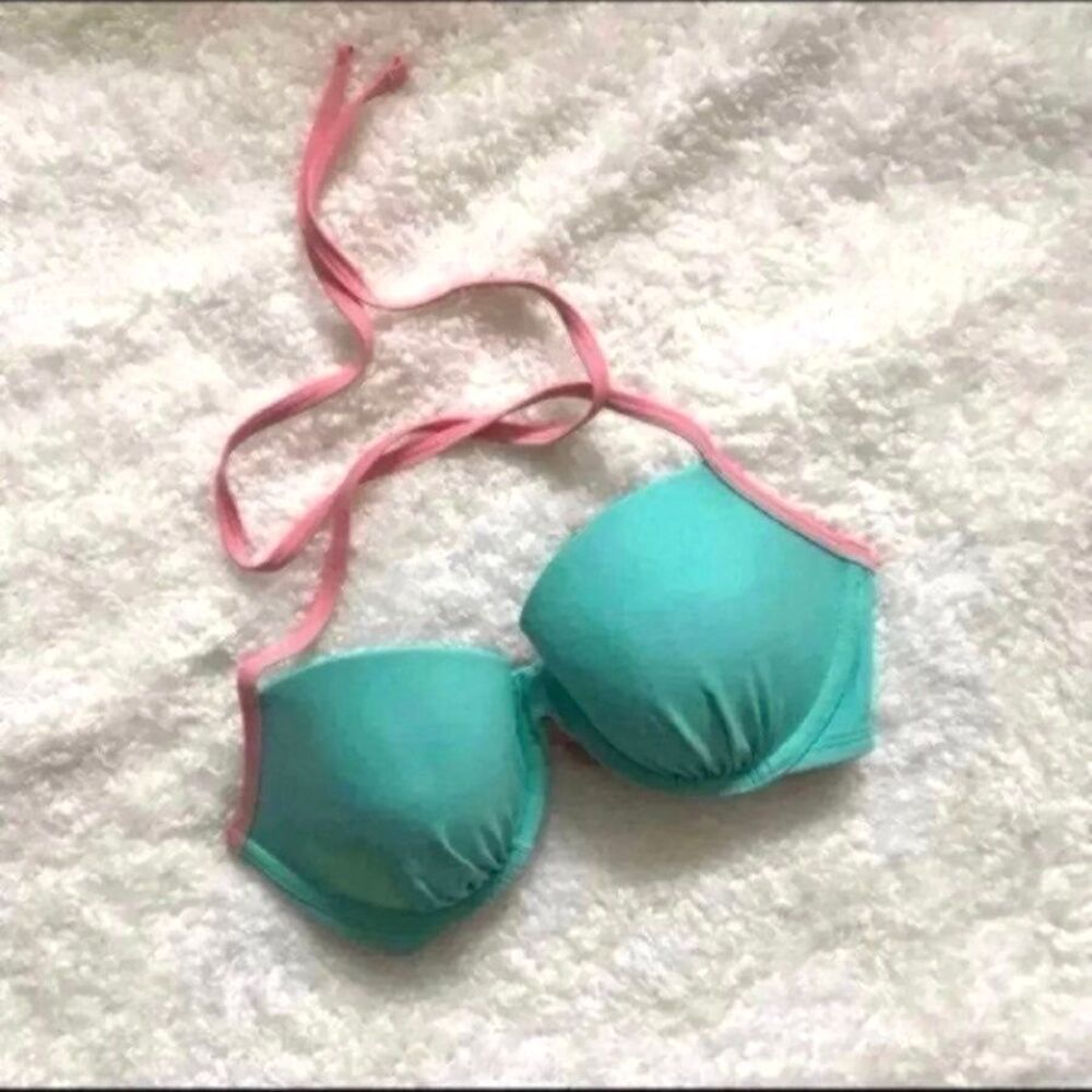 Aerie Bikini Halter Top SZ 34C Blakely Lace Up Back Mint Green Pink Swim AEO NWT